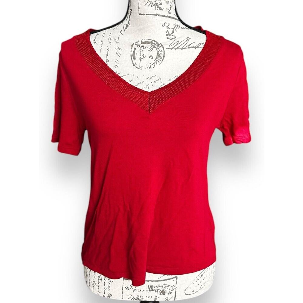 Banana Republic Women's Red Short Sleeve Crochet V-Neck Shirt Top Cropped Small